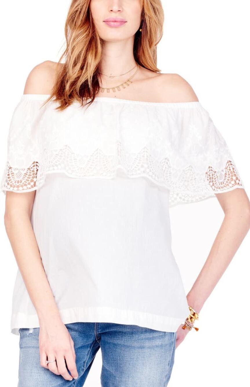 Ingrid & Isabel Lace Off the Shoulder 100% Cotton Maternity Top Ivory Size XS